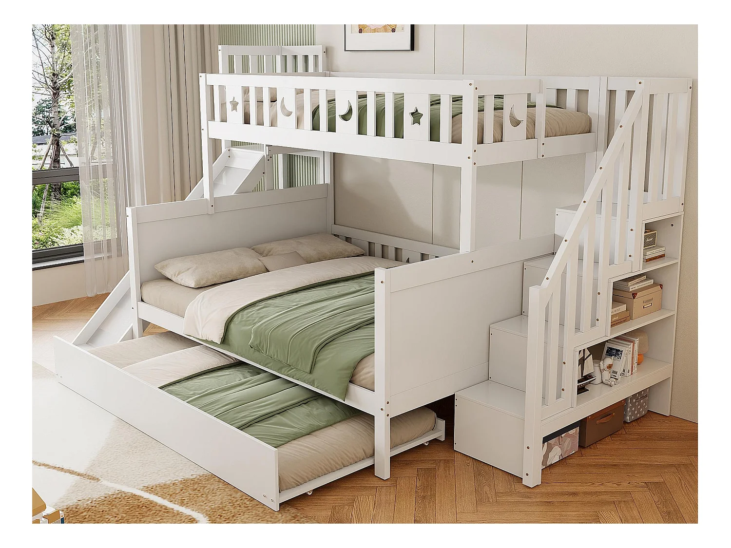 Lit superposé 90x200 + 140x200 cm - en bois massif - avec toboggan，étagère et un lit gigogne 90x190 cm - Blanc