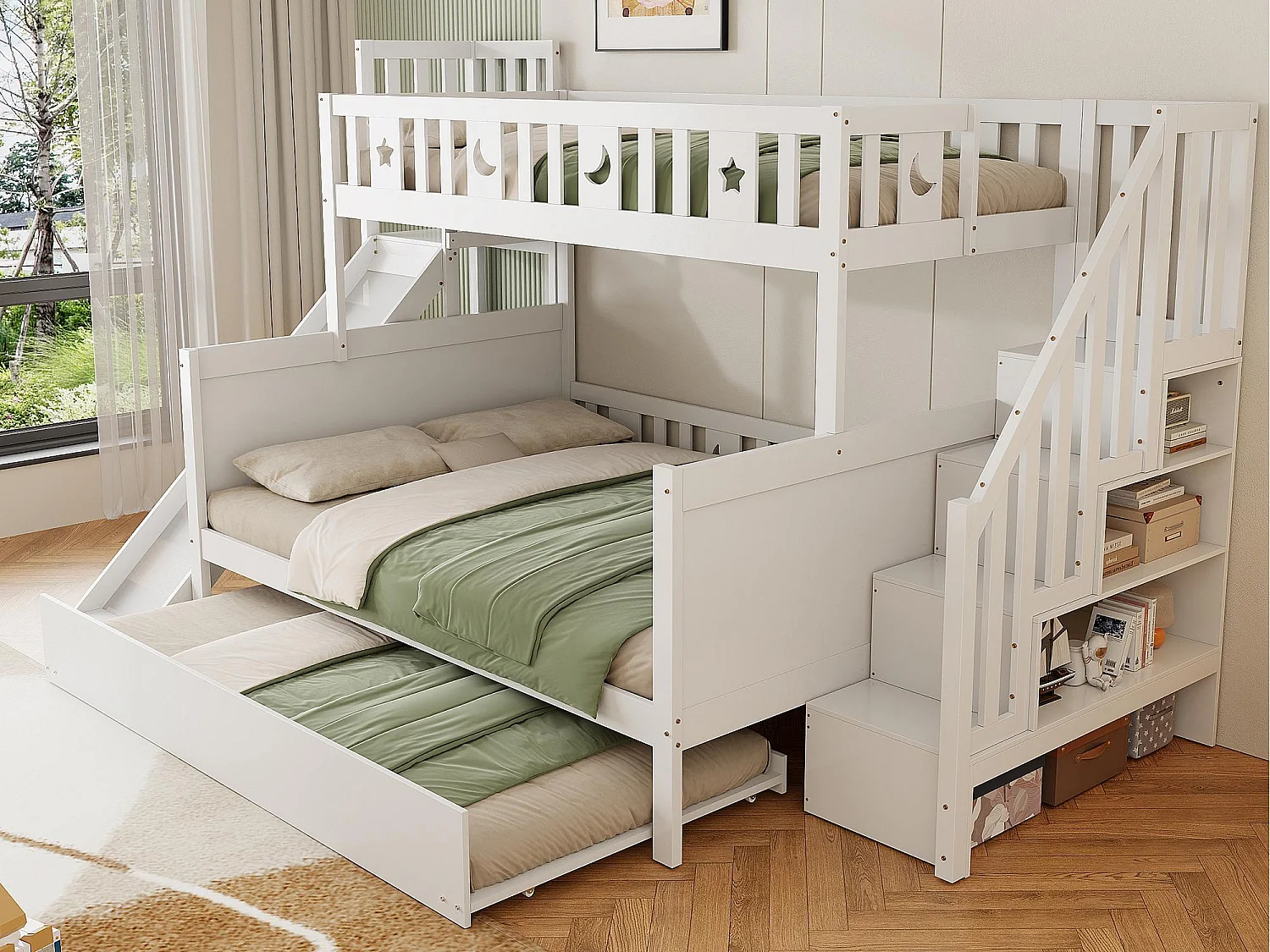 Lit superposé 90x200 + 140x200 cm - en bois massif - avec toboggan，étagère et un lit gigogne 90x190 cm - Blanc