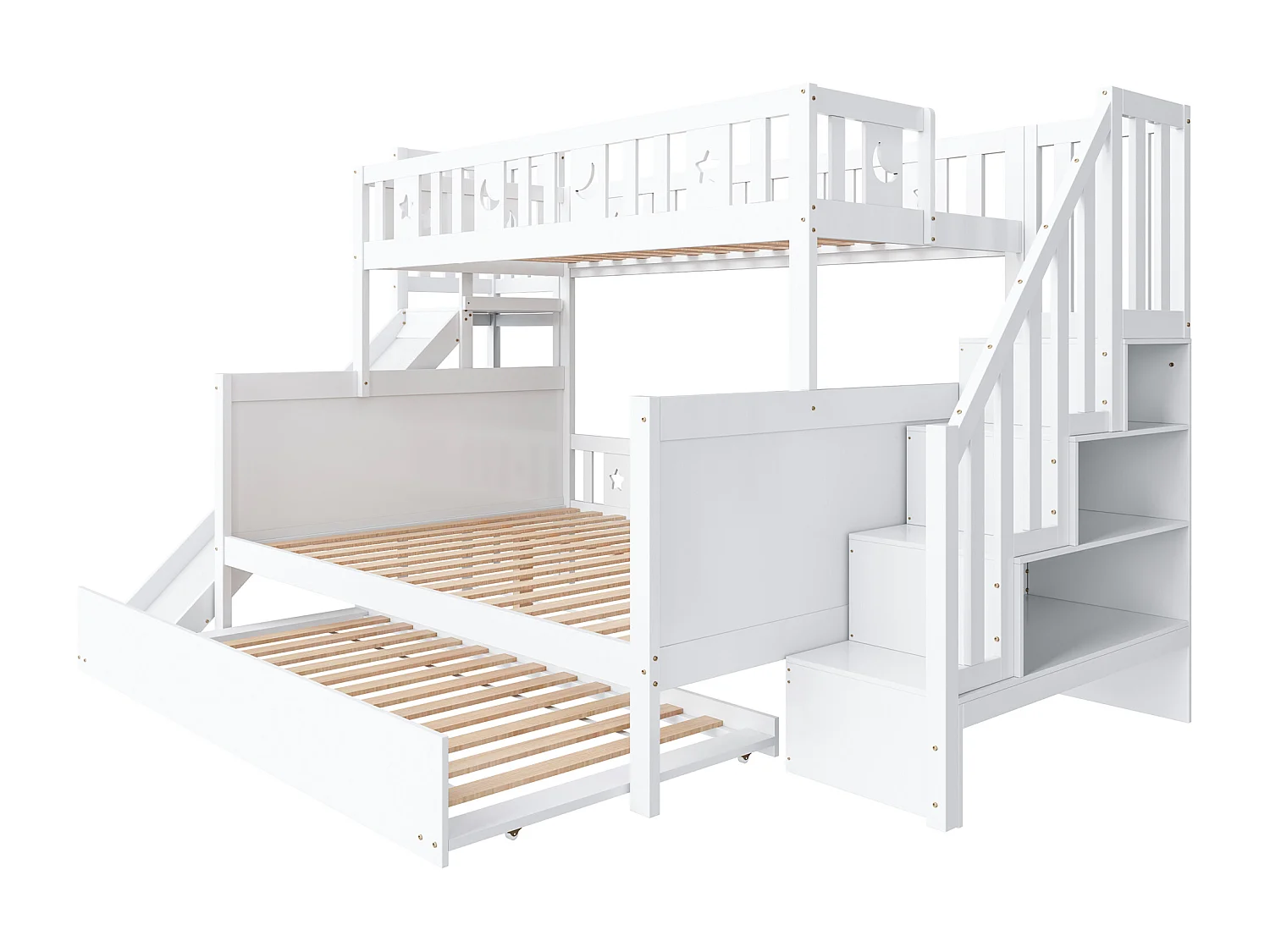 Lit superposé 90x200 + 140x200 cm - en bois massif - avec toboggan，étagère et un lit gigogne 90x190 cm - Blanc