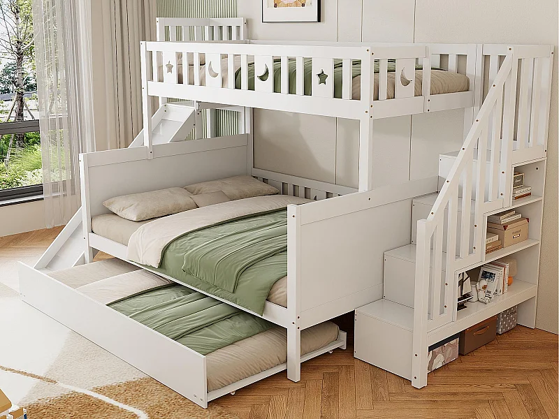 Lit superposé 90x200 + 140x200 cm - en bois massif - avec toboggan，étagère et un lit gigogne 90x190 cm - Blanc