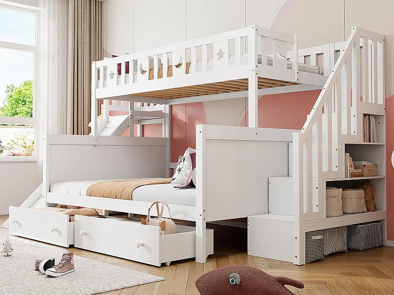 Etagenbett 90x200 + 140x200 cm – Massivholz – mit Rutsche, Regal und 2 großen Schubladen – Weiß