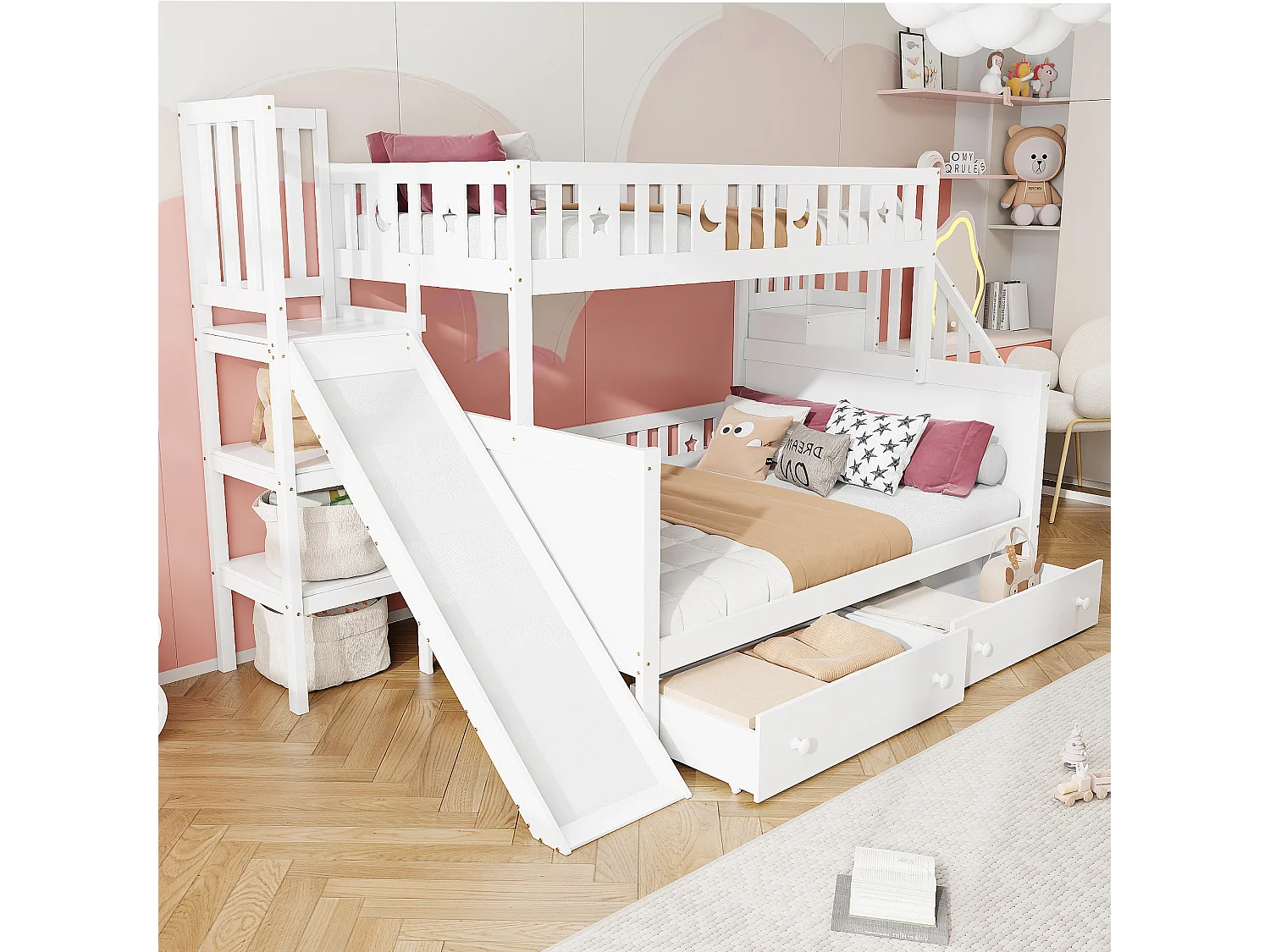 Etagenbett 90x200 + 140x200 cm – Massivholz – mit Rutsche, Regal und 2 großen Schubladen – Weiß