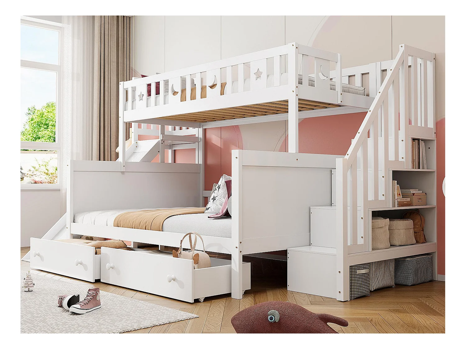 Lit superposé 90x200 + 140x200 cm - en bois massif - avec toboggan，étagère et 2 grands tiroirs - Blanc