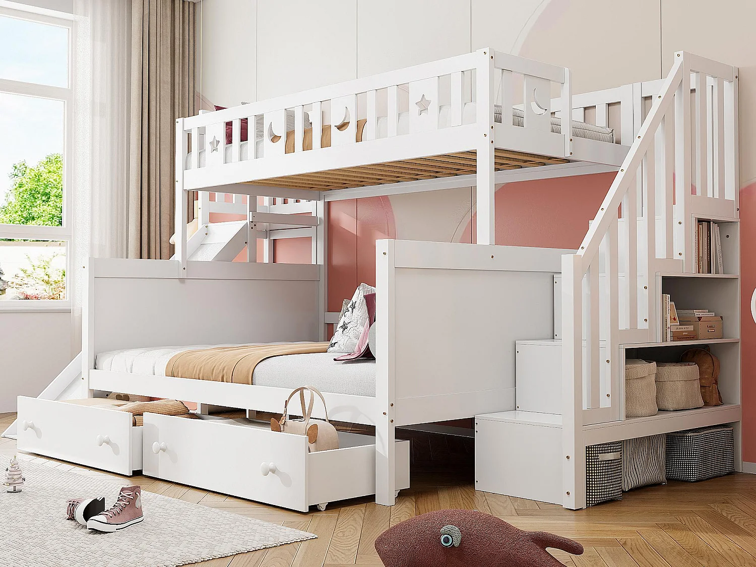 Lit superposé 90x200 + 140x200 cm - en bois massif - avec toboggan，étagère et 2 grands tiroirs - Blanc