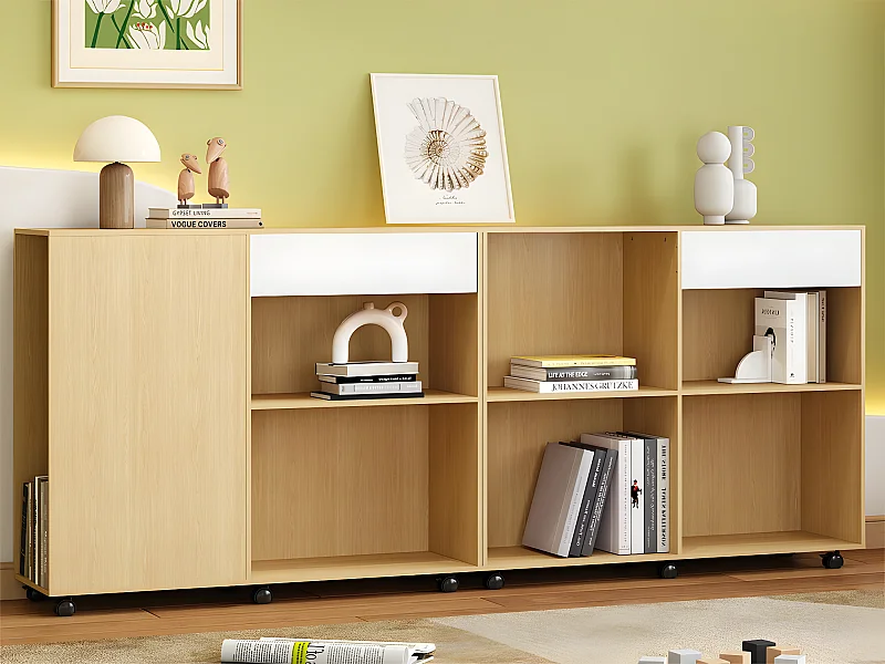 Sideboard auf Rollen mit offenen Fächern – aus MDF und Spanplatte – Natur