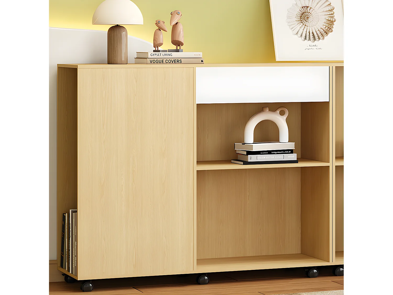 Buffet sur roulettes avec compartiments ouverts - en MDF et Panneaux de particules - Naturel