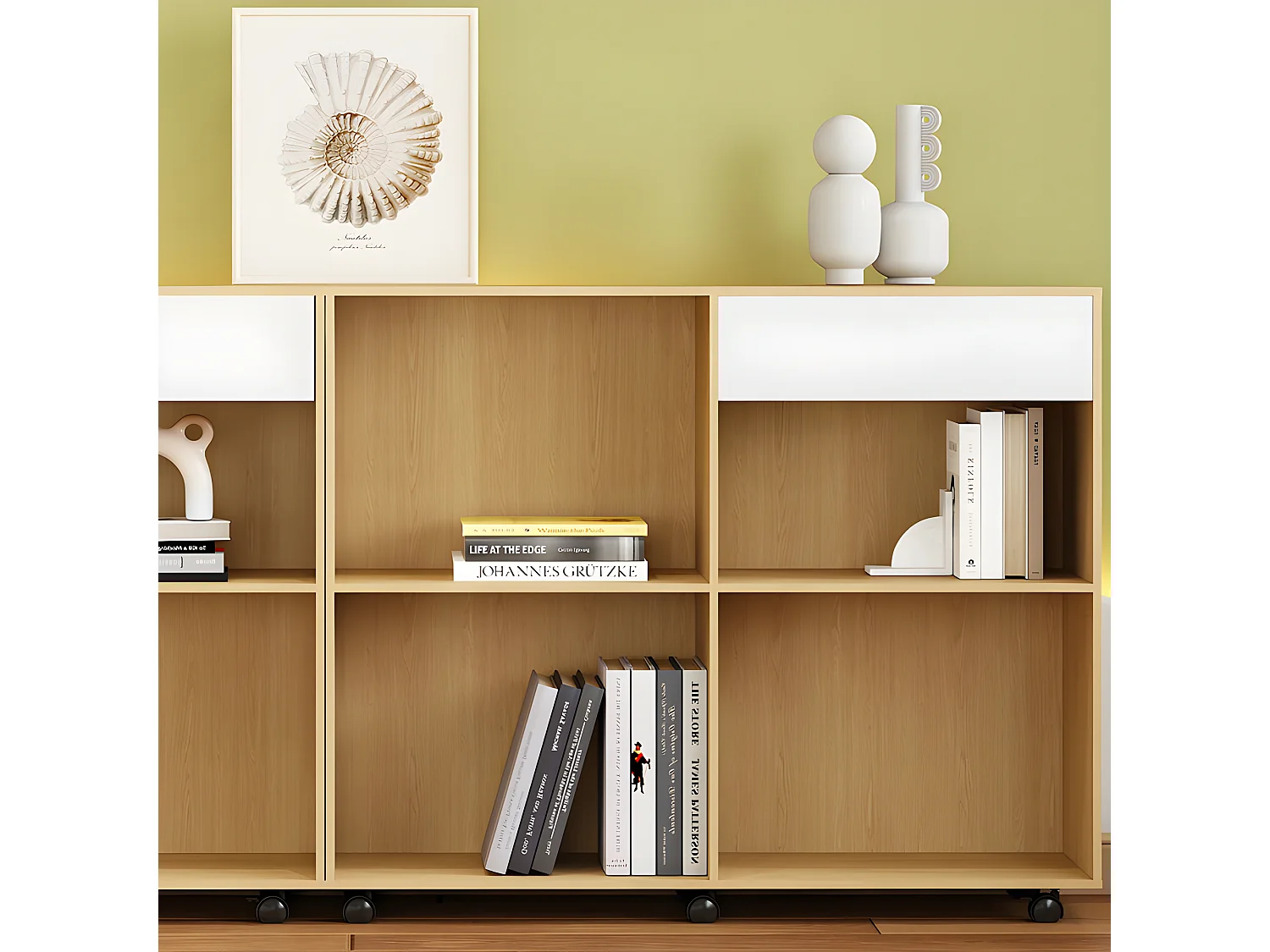 Buffet sur roulettes avec compartiments ouverts - en MDF et Panneaux de particules - Naturel