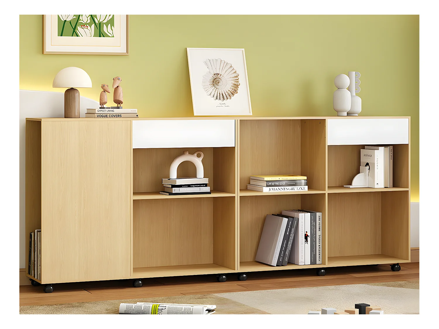 Buffet sur roulettes avec compartiments ouverts - en MDF et Panneaux de particules - Naturel
