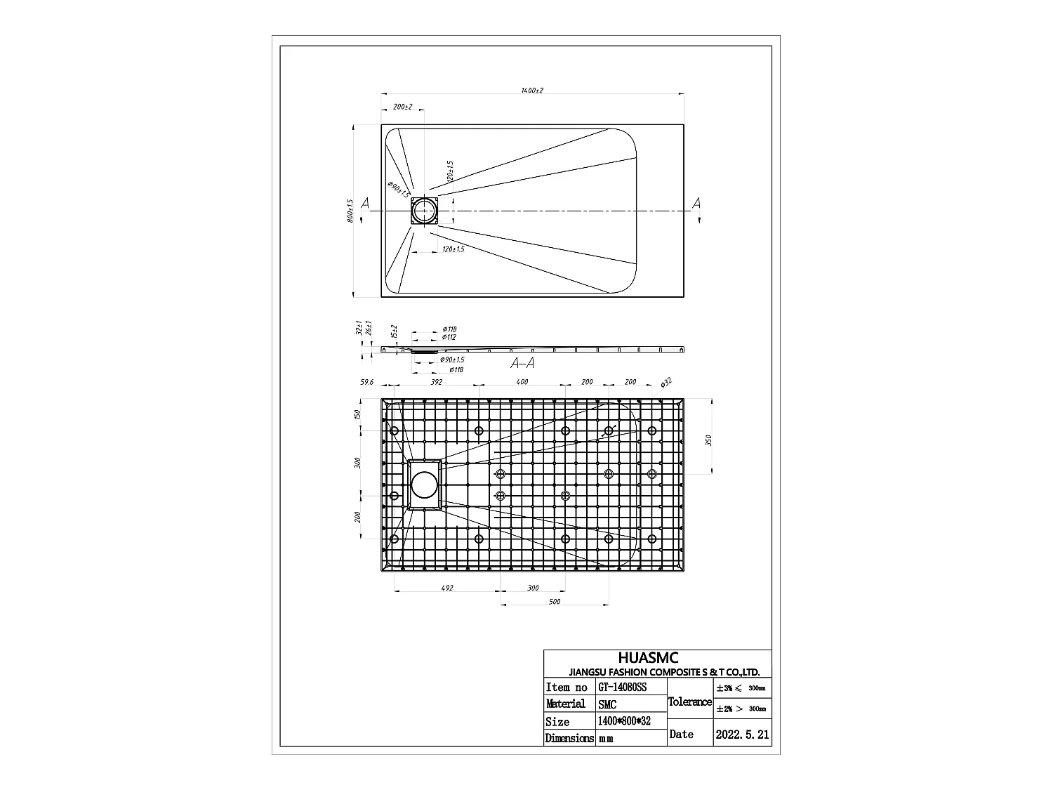 Ekstra flad brusebund til fritstående eller indbygget installation, kan skæres til i SMC-resin - Hvid - 140 x 80 cm - MIRNOSA