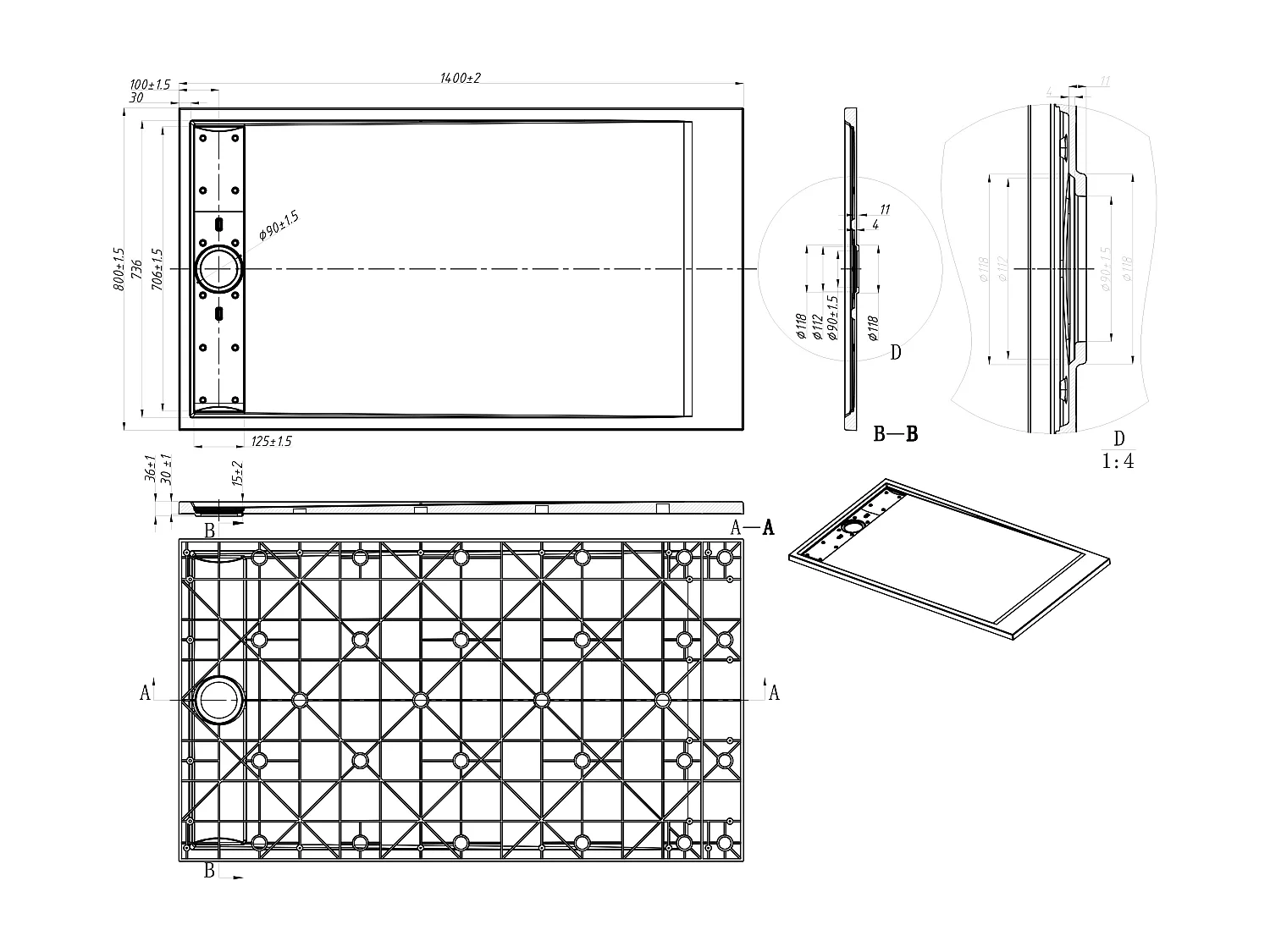 Opzet- of inbouwdouchebak van hars - Wit - 140 x 80 cm - Snijdbaar - LYROSA