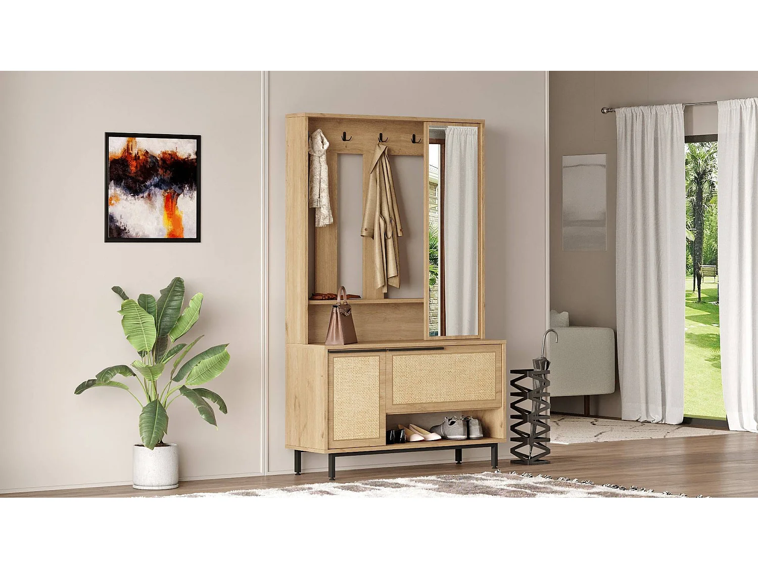 Meuble d'entrée avec miroir Evelis L112cm Bois et Rotin clair
