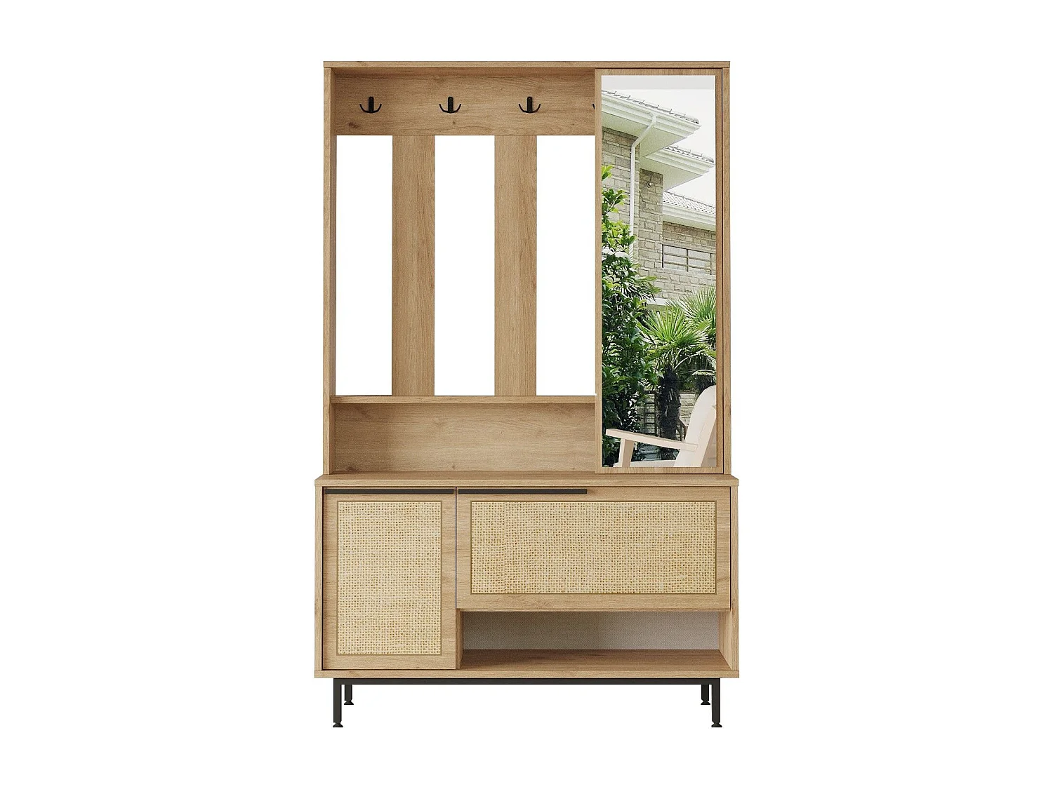 Meuble d'entrée avec miroir Evelis L112cm Bois et Rotin clair