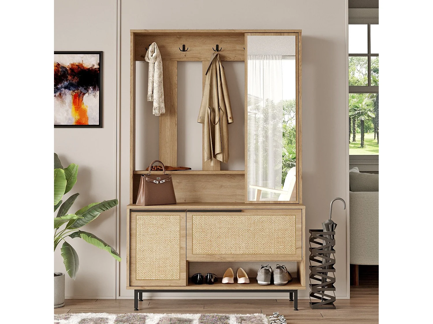 Meuble d'entrée avec miroir Evelis L112cm Bois et Rotin clair