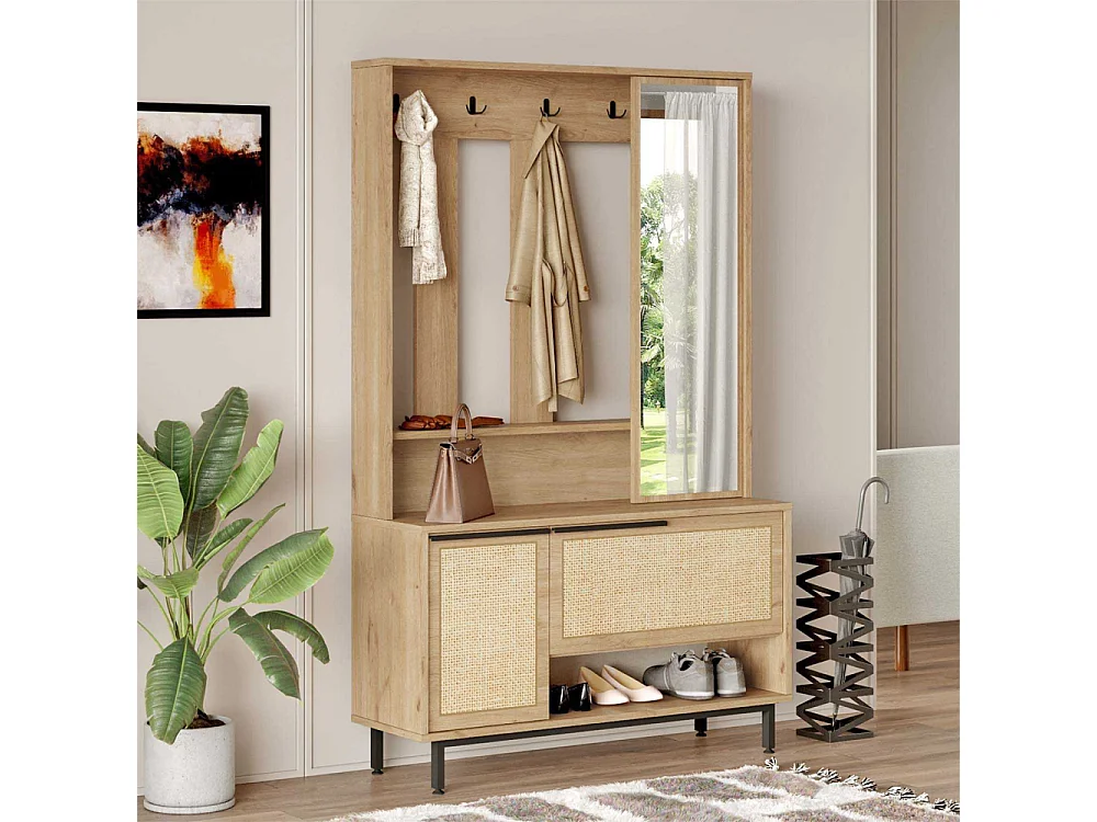 Meuble d'entrée avec miroir Evelis L112cm Bois et Rotin clair