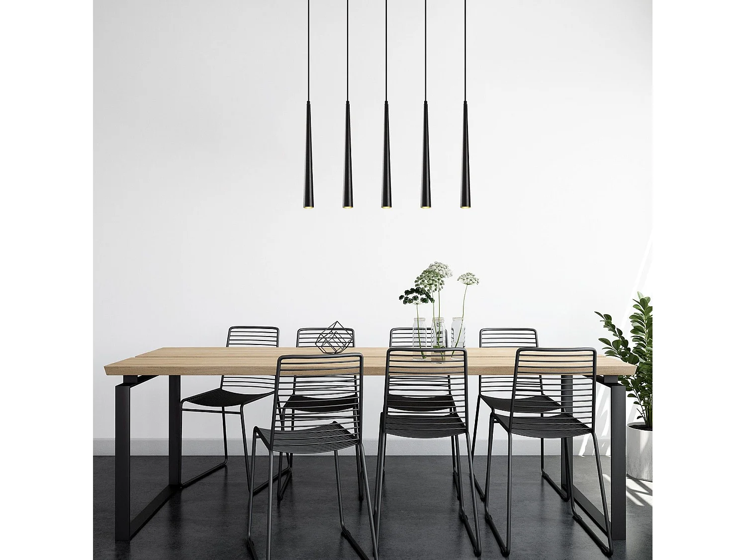 Suspension 5 lampes cornes alignées Pliunga 78cm Métal Noir