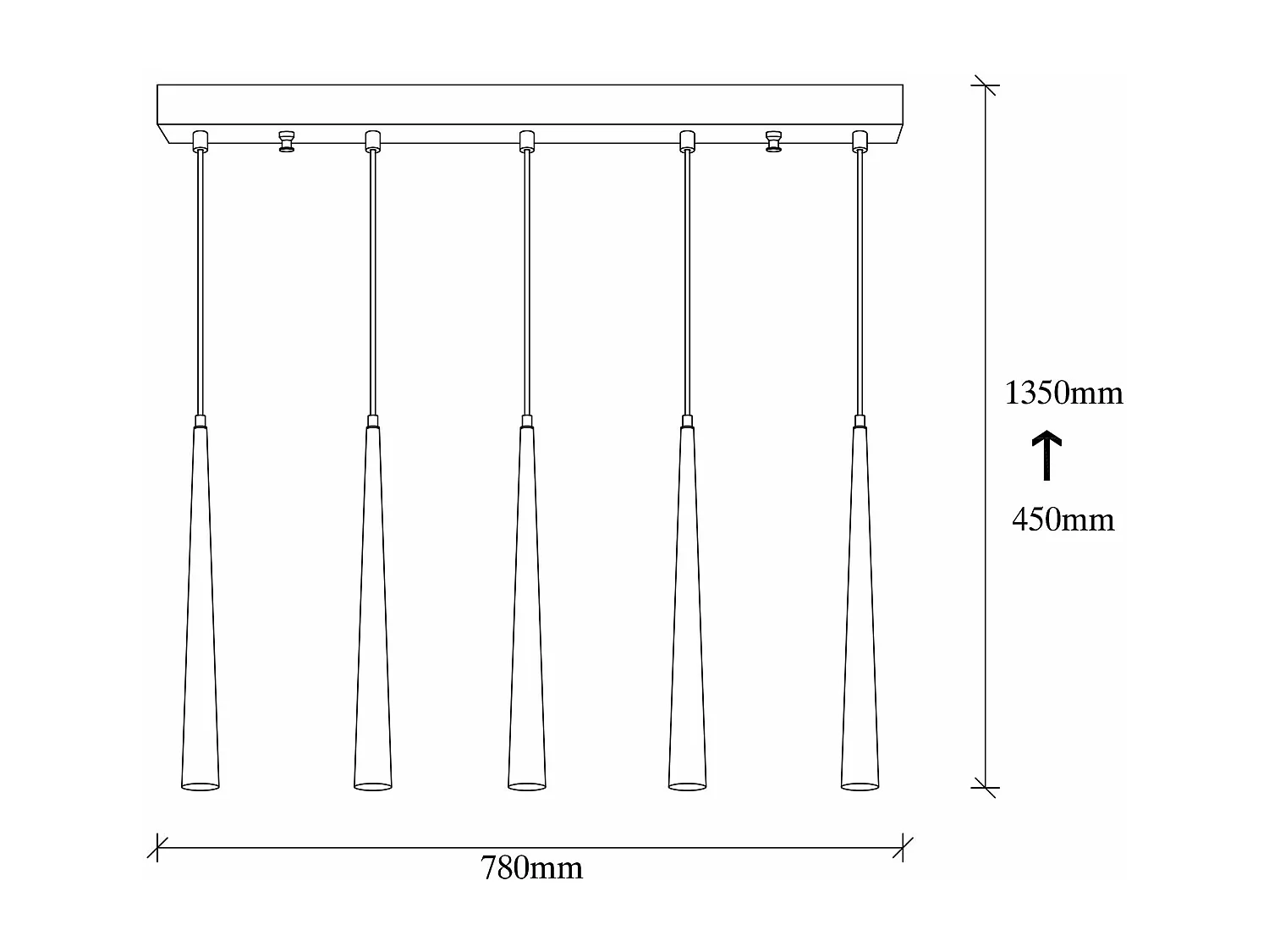 Suspension 5 lampes cornes alignées Pliunga 78cm Métal Noir