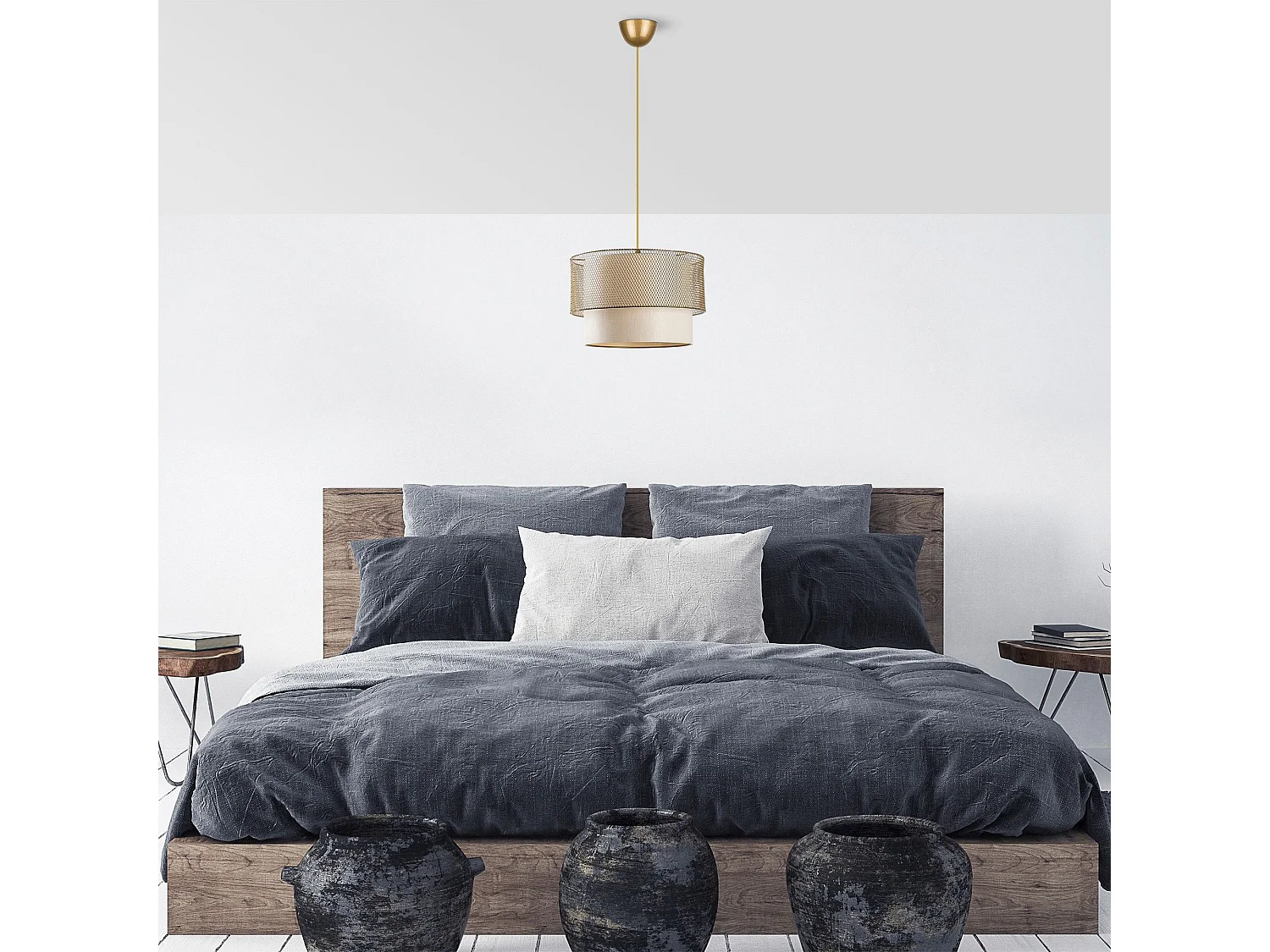 Suspension abat-jour double Pollock D30cm Métal Or et Blanc crème