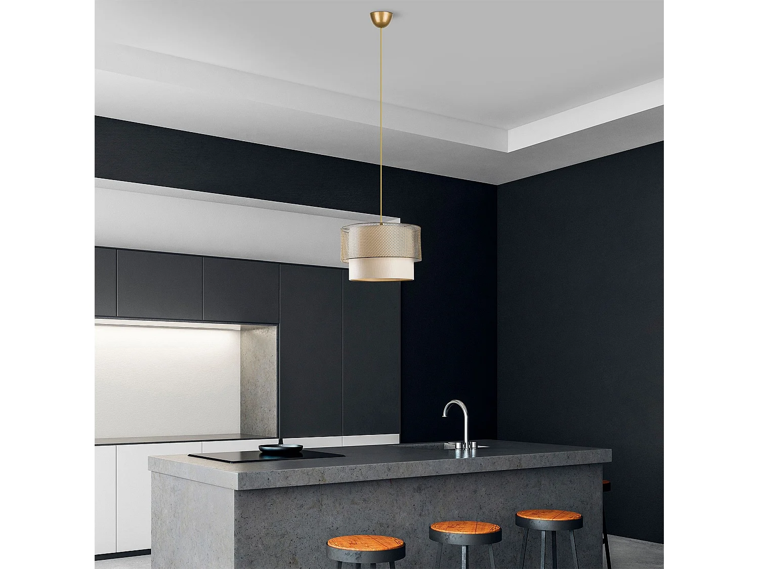 Suspension abat-jour double Pollock D30cm Métal Or et Blanc crème