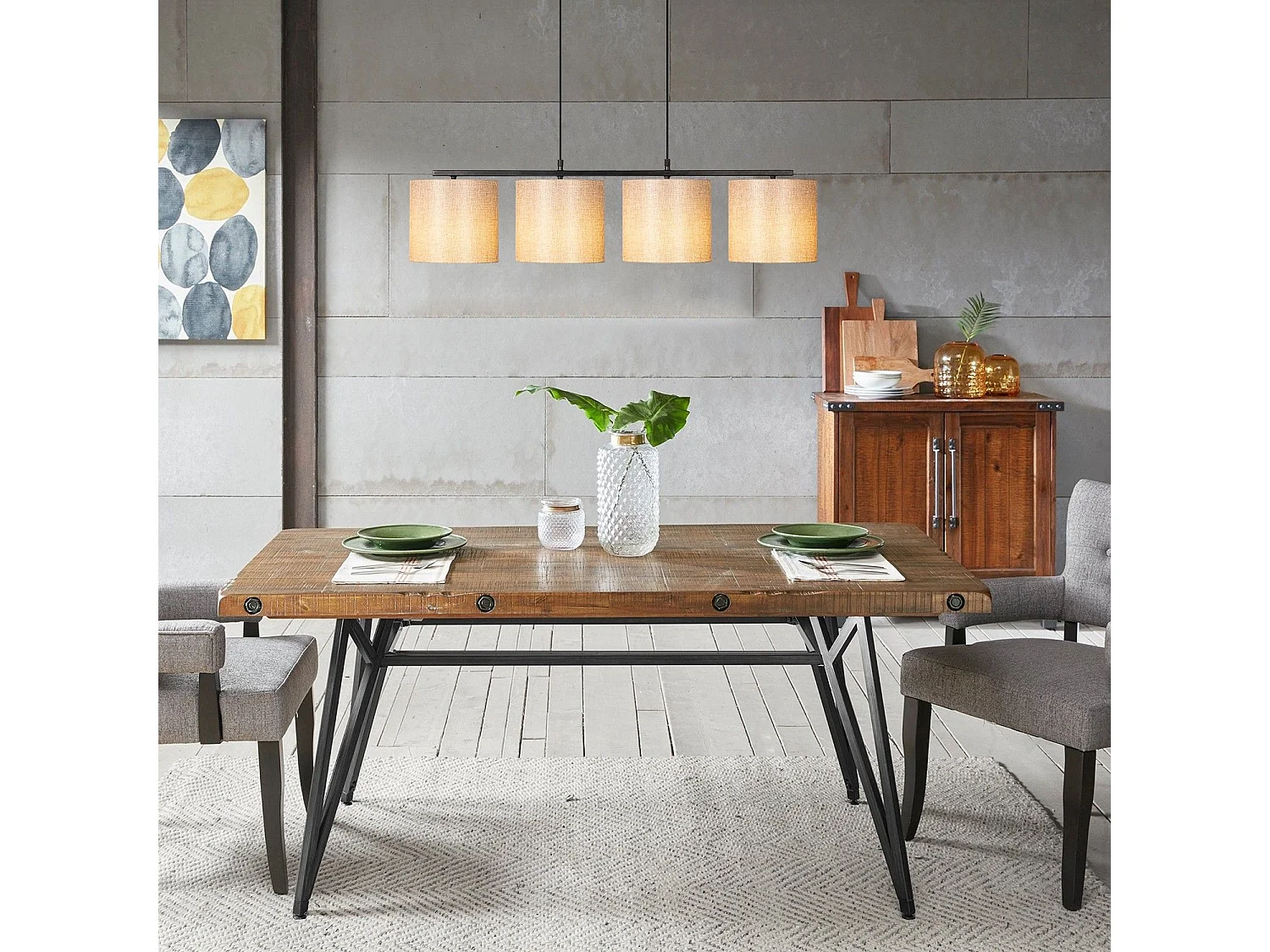 Suspension 4 lampes alignés à simple barre Senna Métal Noir et Tissu Blanc crème