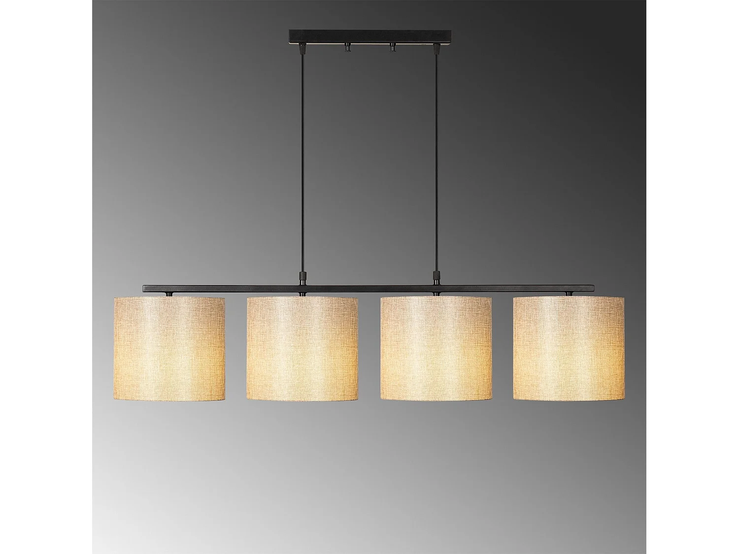Suspension 4 lampes alignés à simple barre Senna Métal Noir et Tissu Blanc crème