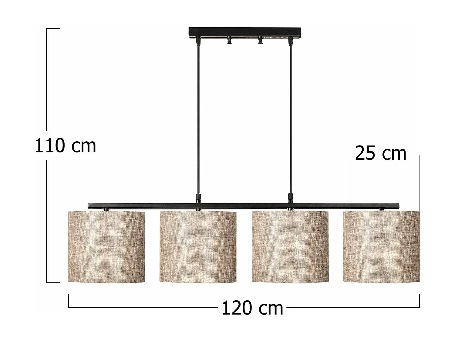 Suspension 4 lampes alignés à simple barre Senna Métal Noir et Tissu Blanc crème