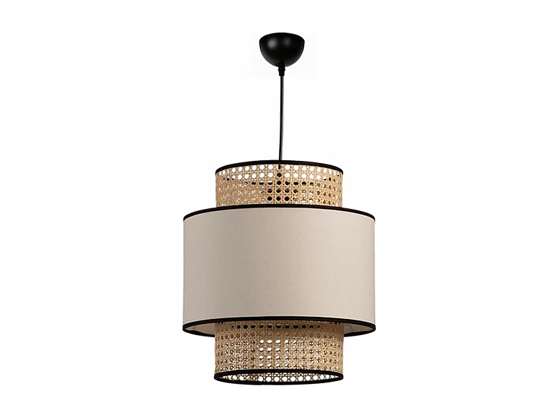 Suspension avec cannage 3 niveaux Divad D30cm Rotin Blanc crème et Tissu Beige