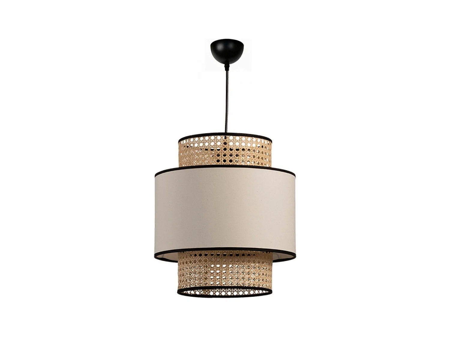 Suspension avec cannage 3 niveaux Divad D30cm Rotin Blanc crème et Tissu Beige