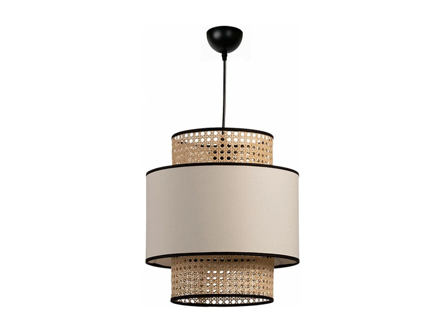 Suspension avec cannage 3 niveaux Divad D30cm Rotin Blanc crème et Tissu Beige