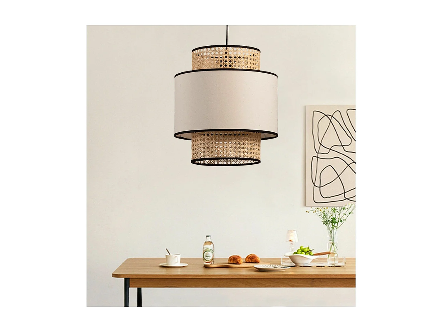 Suspension avec cannage 3 niveaux Divad D30cm Rotin Blanc crème et Tissu Beige