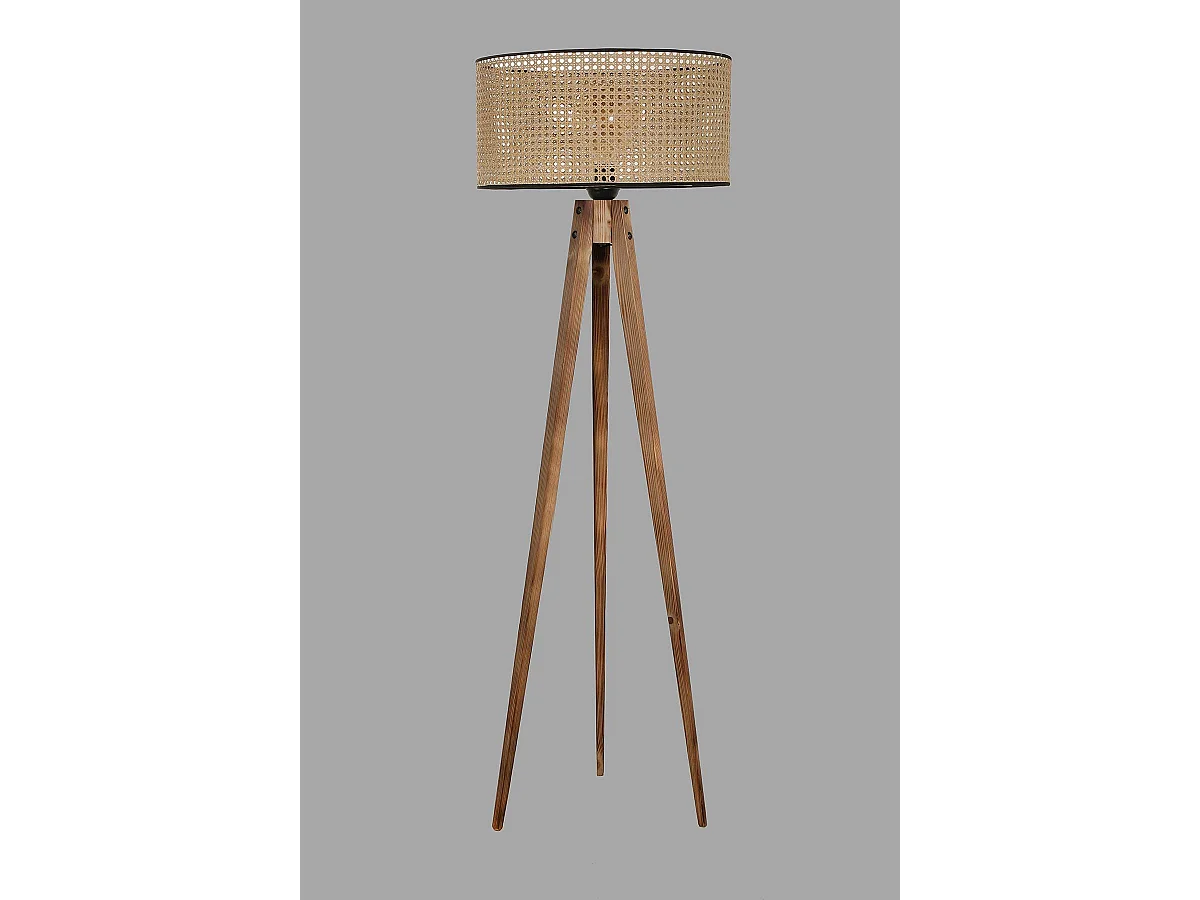 Lampadaire trépied Lunctura H153cm Bois Naturel et Tissu cannage Beige
