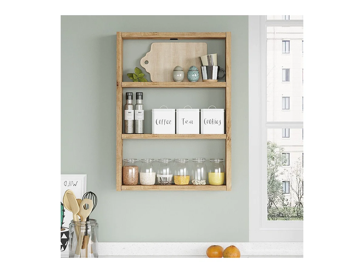 Moderne Wandregal mit 3 Ebenen und natürlicher Eichenoptik für alle zeitgenössischen Interieurs