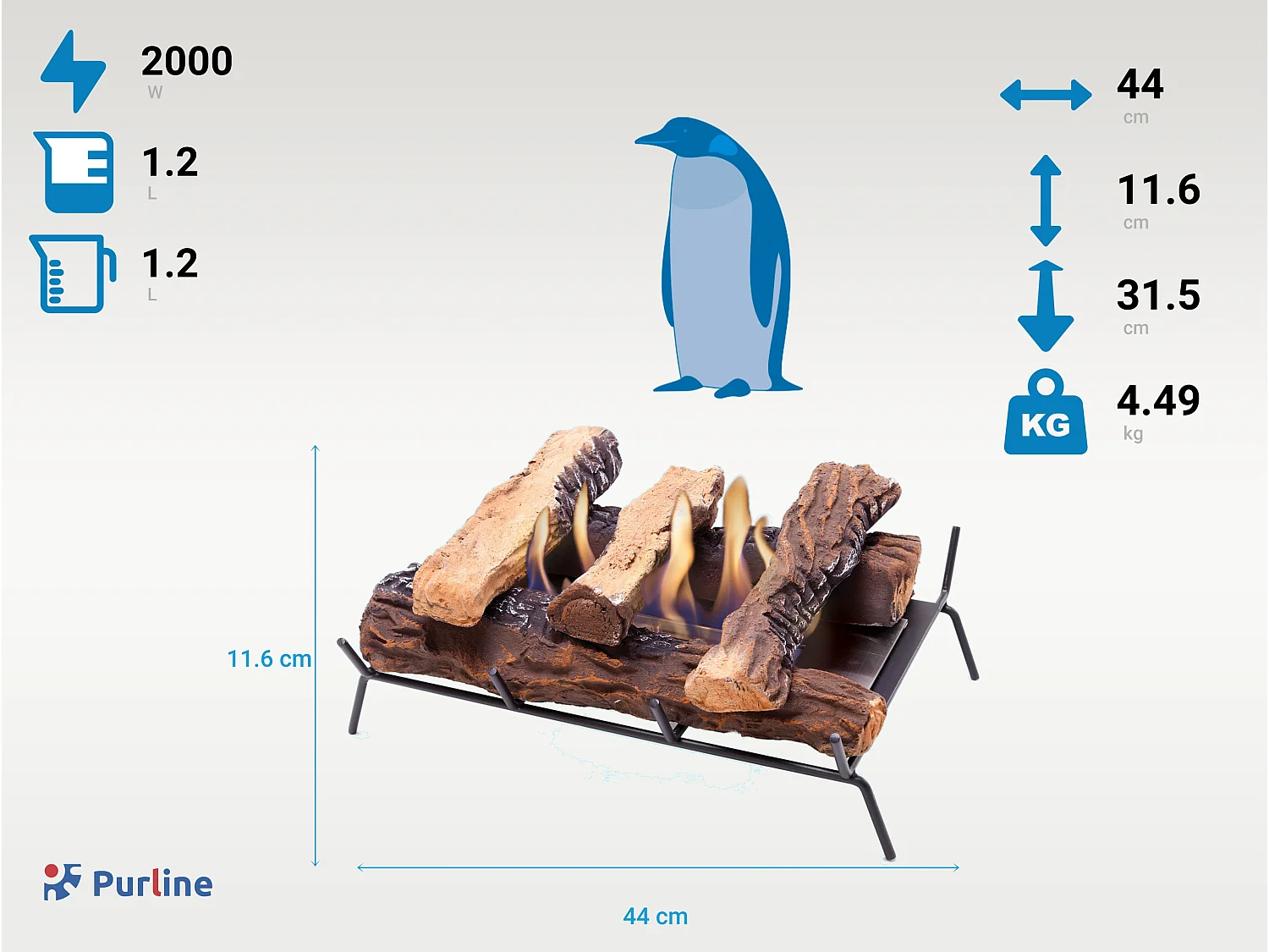 Bloc de combution 2000W avec bûche décorative