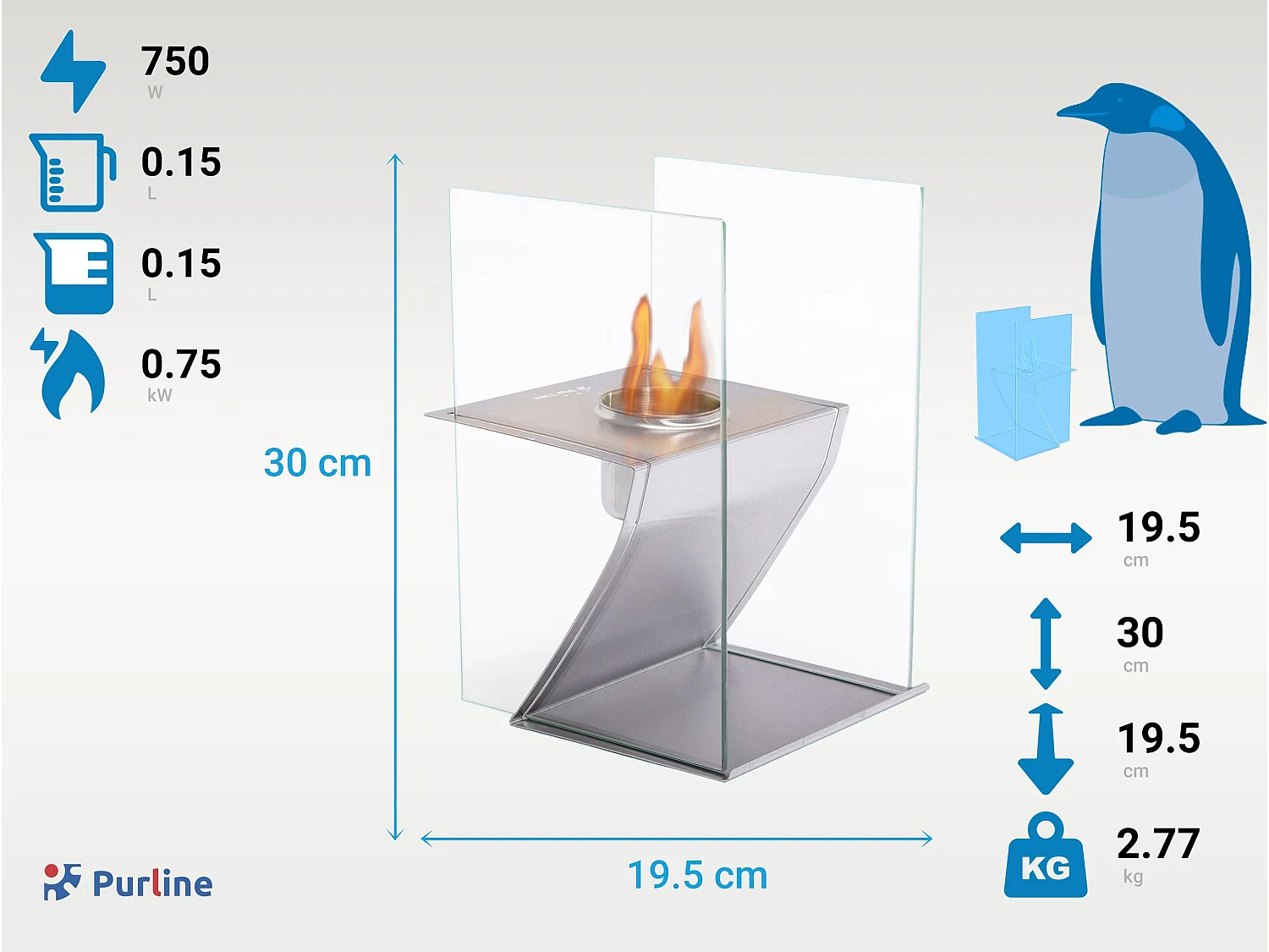 Tafelmodel ethanolhaard in roestvrij staal en gehard glas