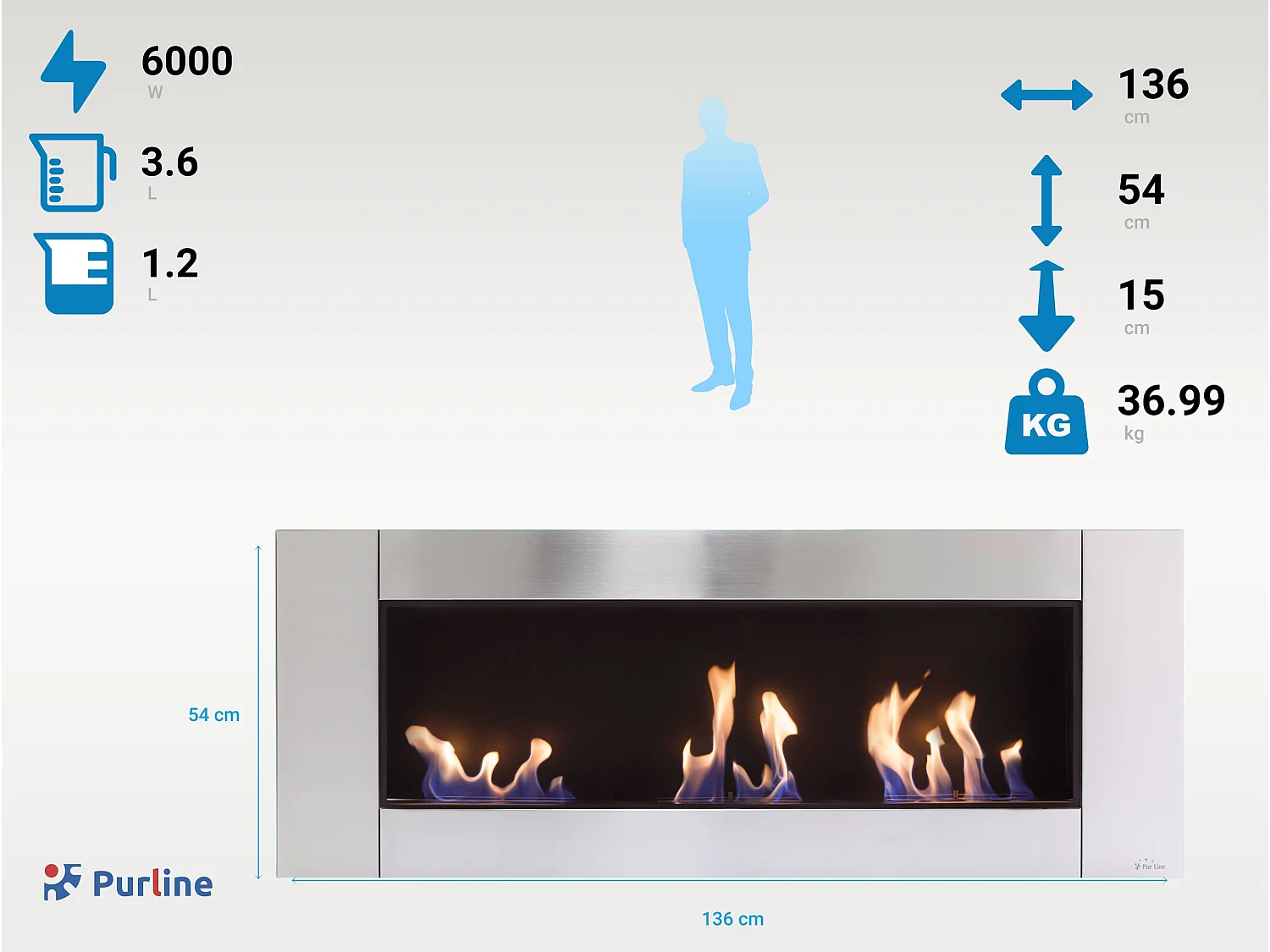 Cheminée à l'éthanol en acier inox et 3 feux