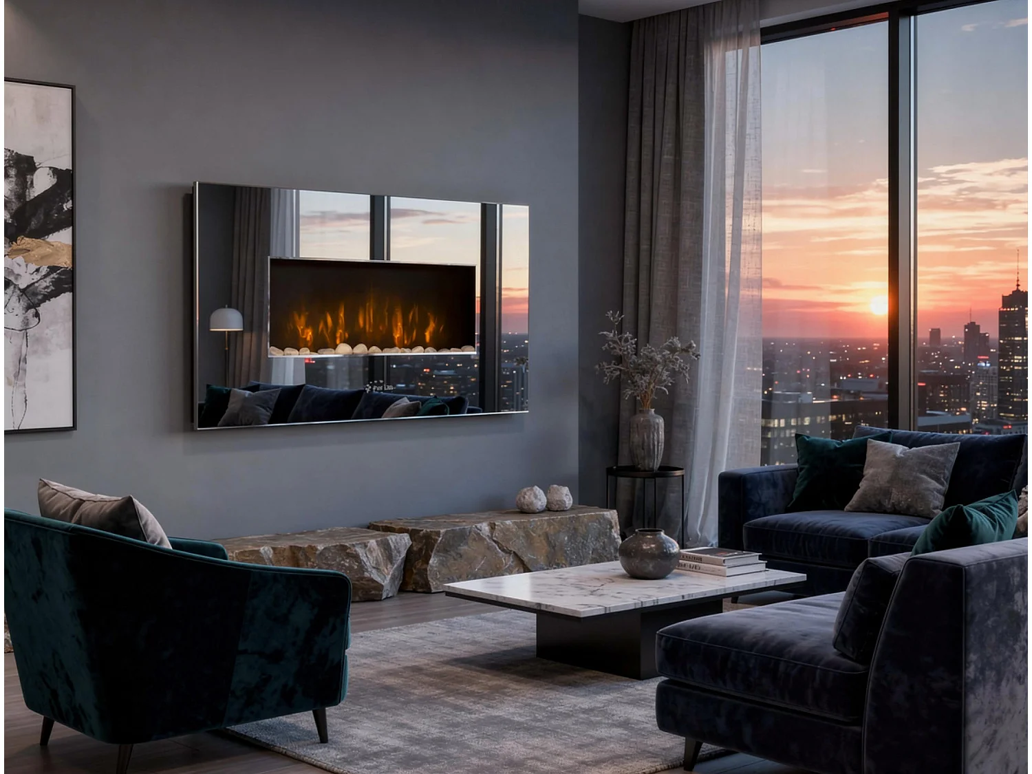 Cheminée électrique en verre trempé effet miroir avec télécommande