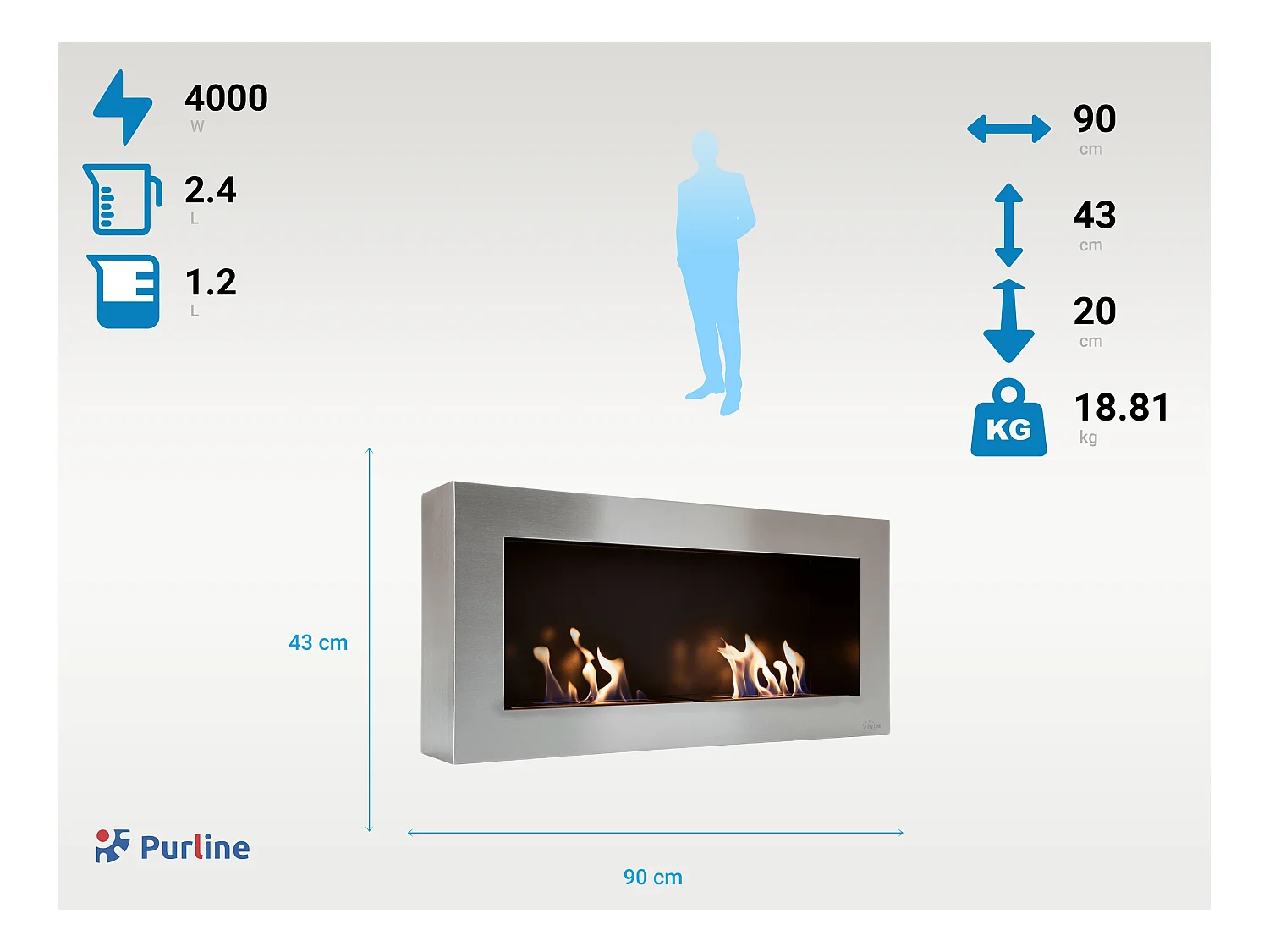 Cheminée murale à l'éthanol à double flamme en acier de grande largeur