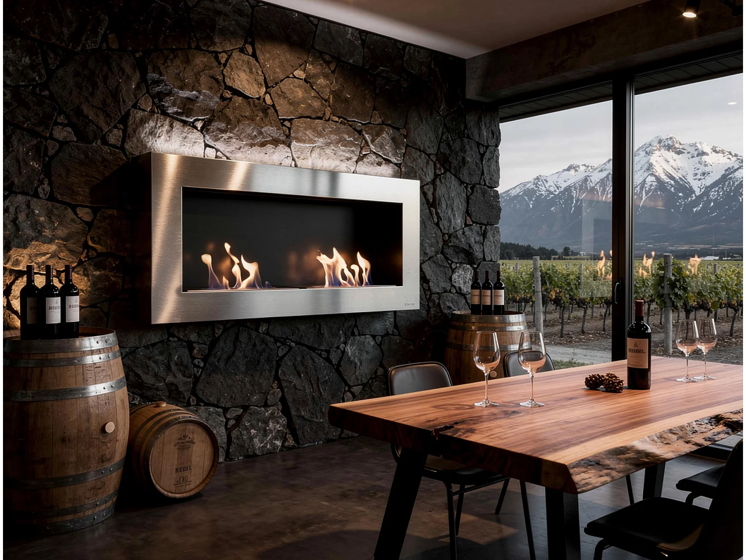 Cheminée murale à l'éthanol à double flamme en acier de grande largeur