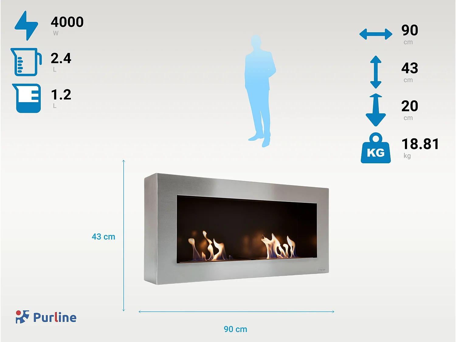 Cheminée murale à l'éthanol à double flamme en acier de grande largeur
