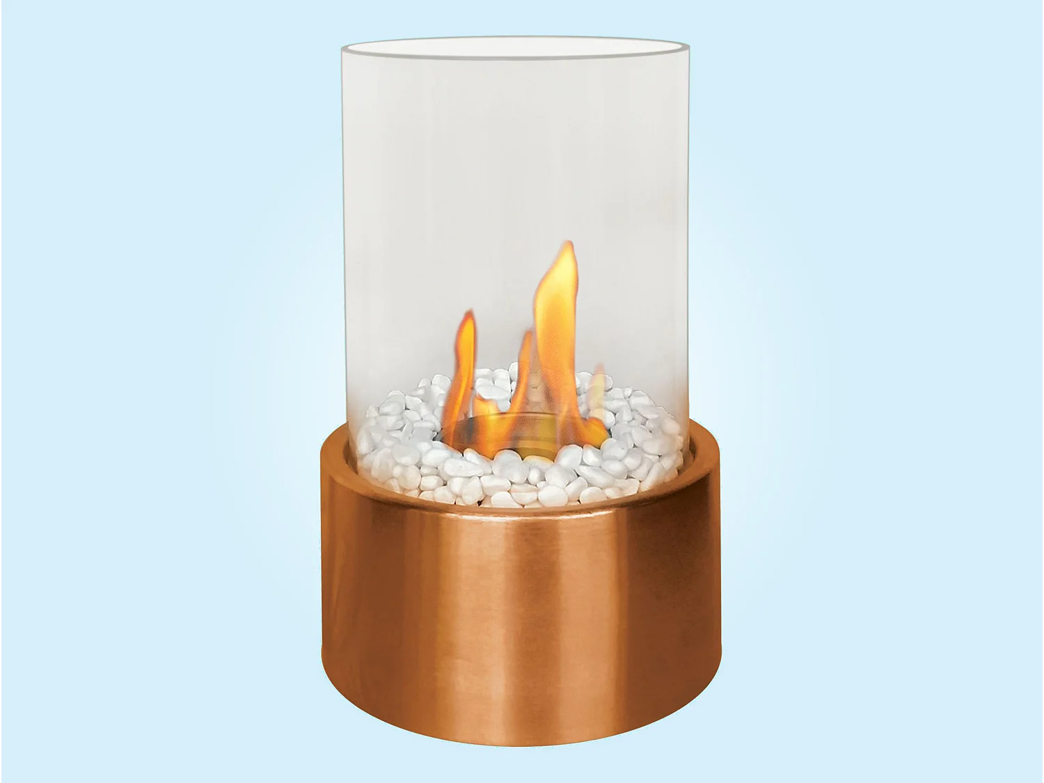 Cilindrische tafelmodel ethanolhaard met okerkleurige basis