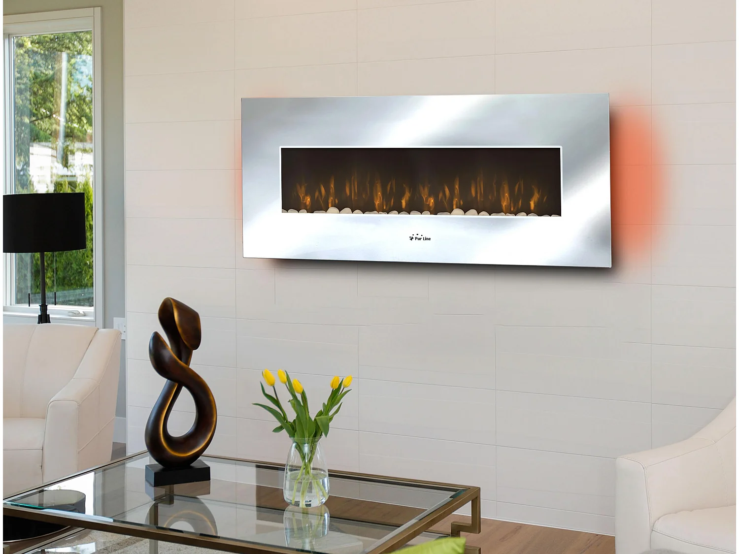 Elektrische wandhaard van zwart gehard glas met spiegeleffect