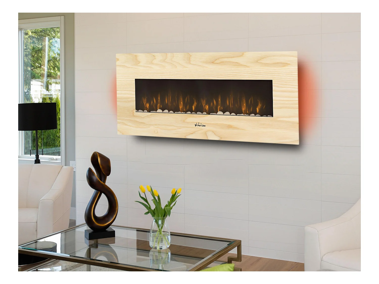 Cheminée électrique panoramique avec éclairage LED d'ambiance et panneau frontal en MDF