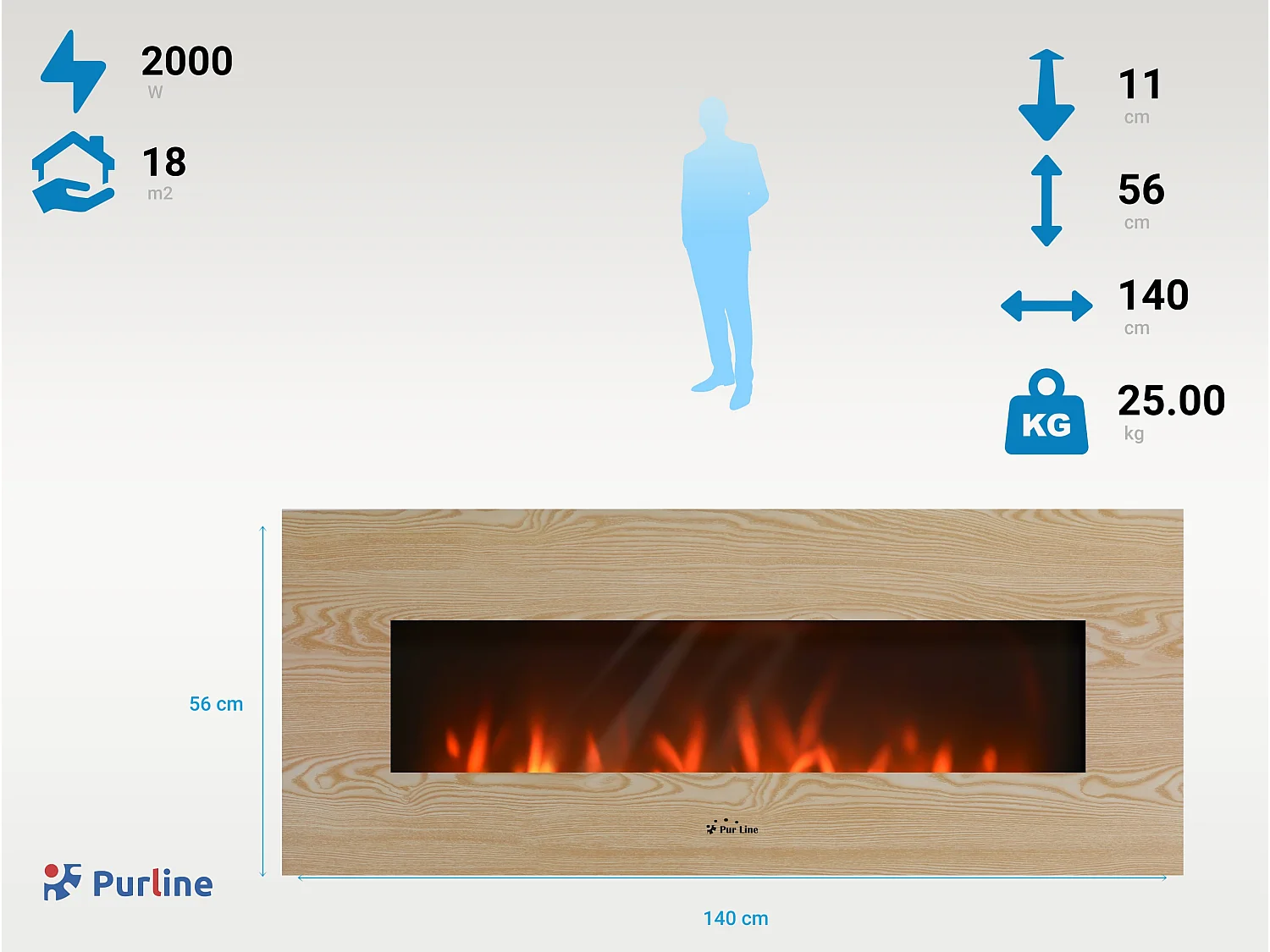 Cheminée électrique panoramique avec éclairage LED d'ambiance et panneau frontal en MDF
