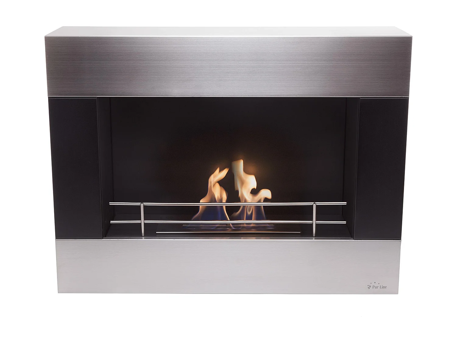 Wandgemonteerde stalen ethanolhaard met verchroomde spijlen