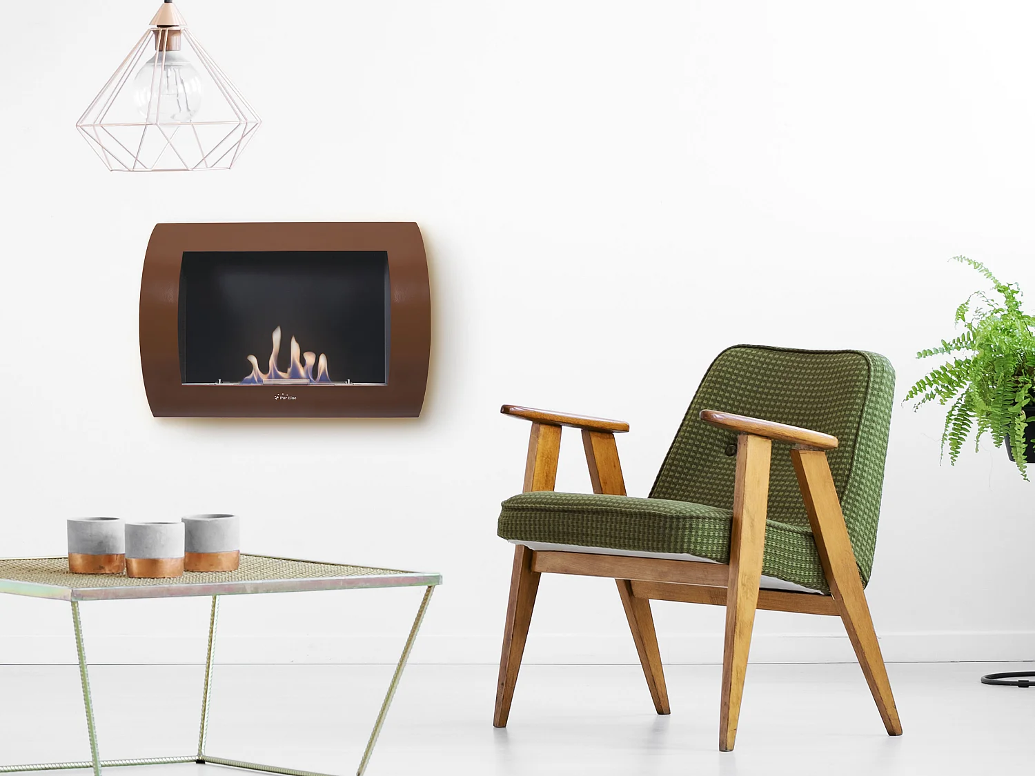 Lareira a etanol de parede com painel frontal curvo