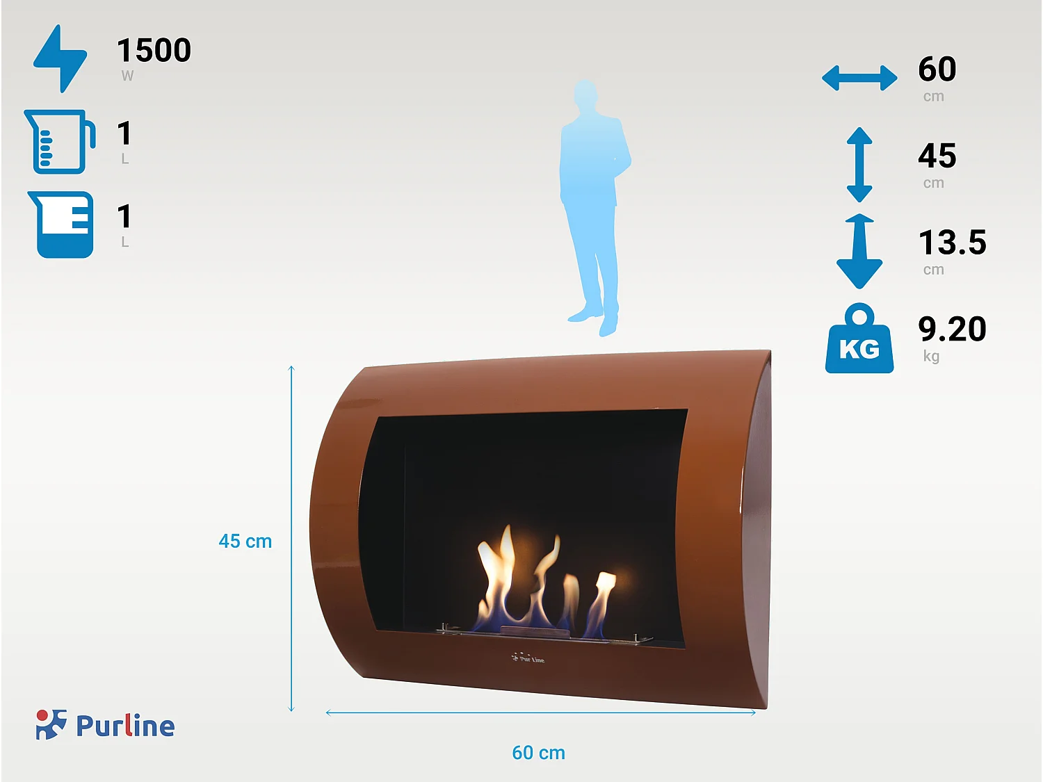 Lareira a etanol de parede com painel frontal curvo