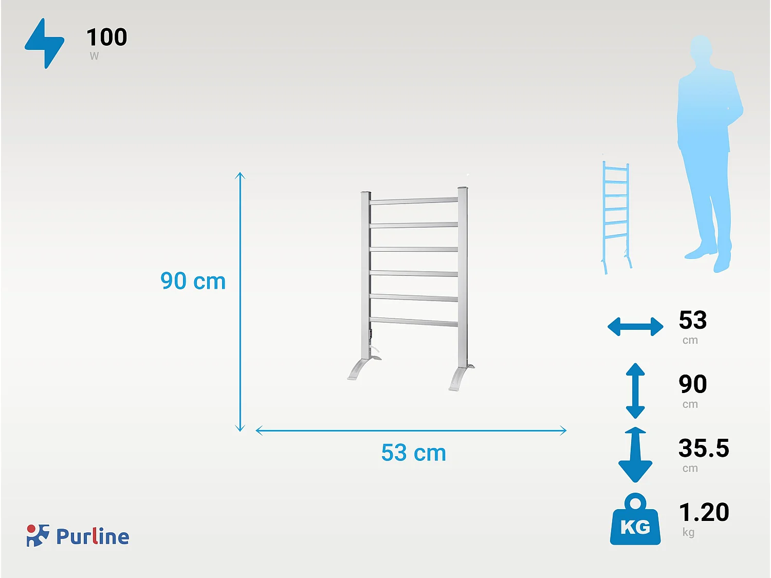 100W vloerstaand elektrisch handdoekenrek in aluminium, zilver