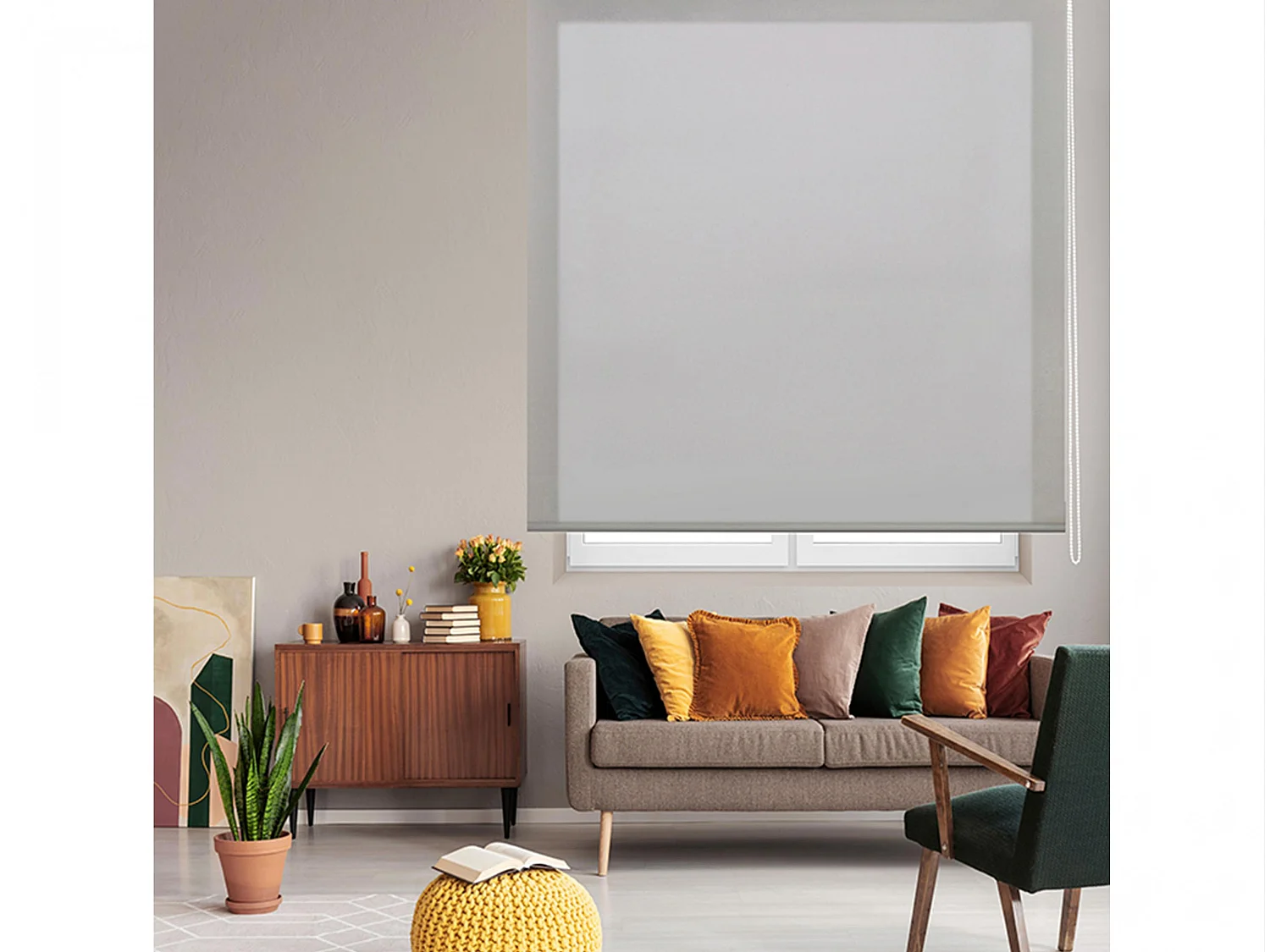 Cortina de rolo translúcido com trama simples e corrente manual