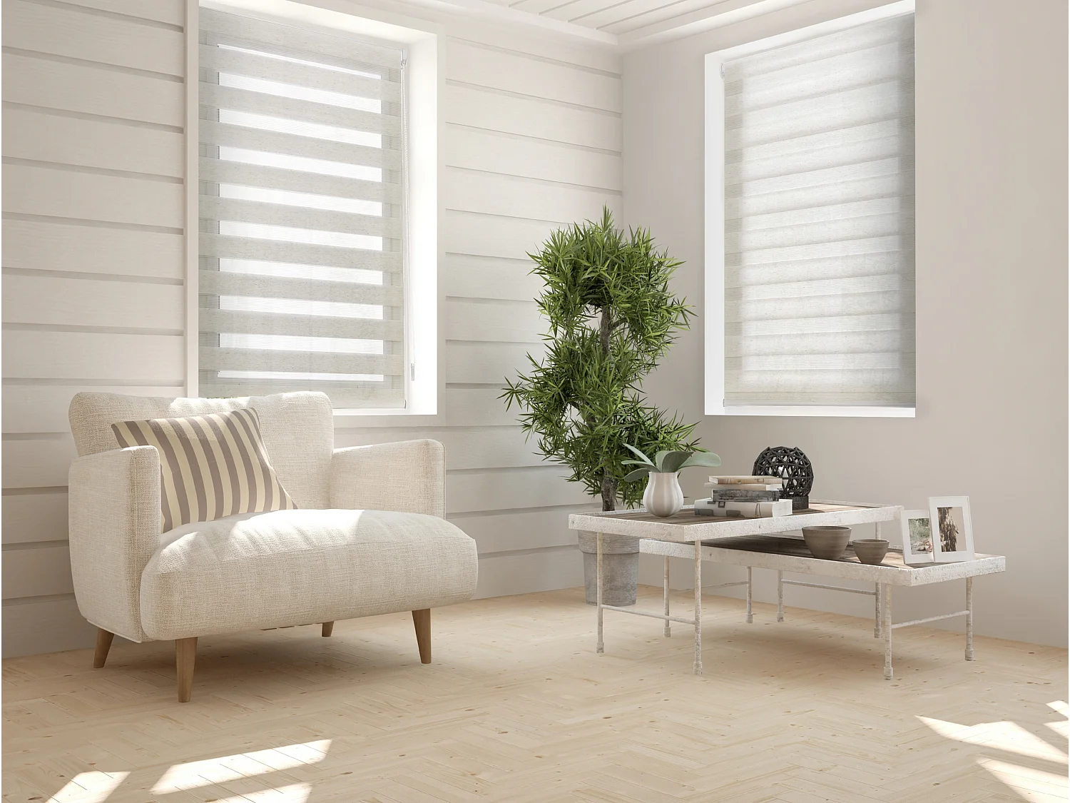 Cortina de rolo  noite e dia bicolor com tricô duplo e corrente manual