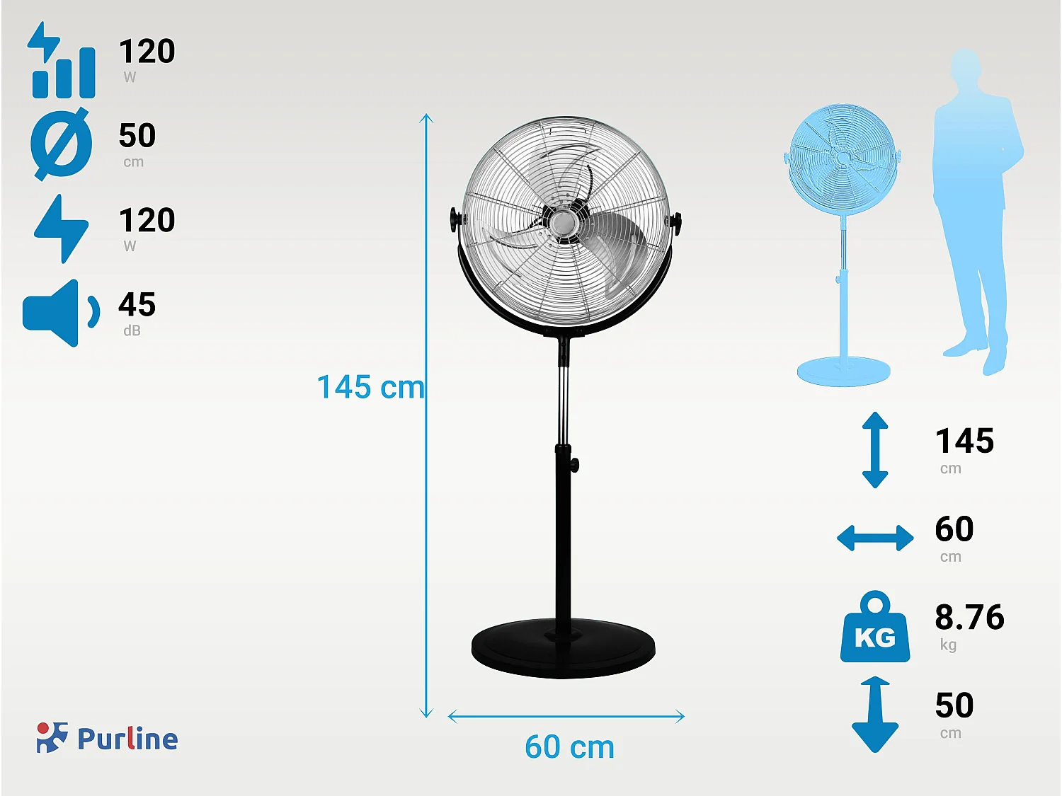 Ventilador industrial de pie en aluminio 120W con altura regulable