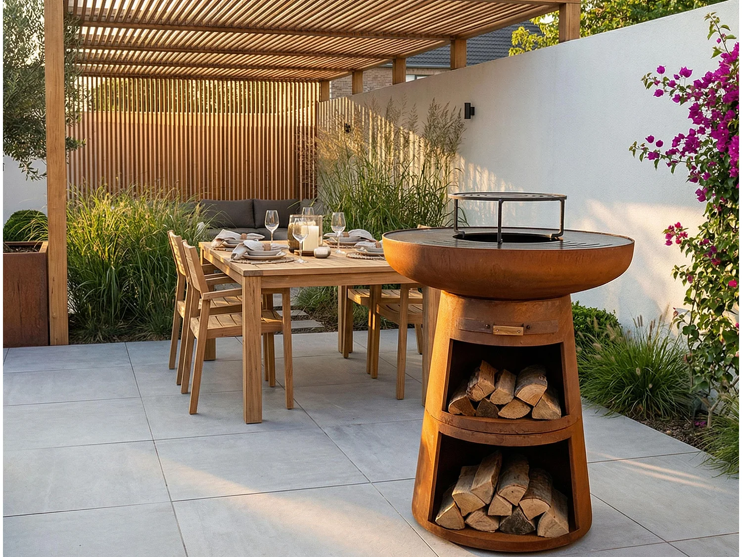 Barbecue rond avec plaque d'acier ronde et grille